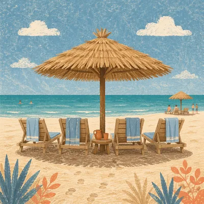 Thatched Beach Umbrella Over Ocean Lounge Chairs