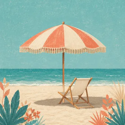 Striped Beach Umbrella with Ocean View