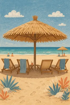 Thatched Beach Umbrella Over Turquoise Ocean