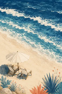 Summer Ocean View Beach Chairs Under Umbrella