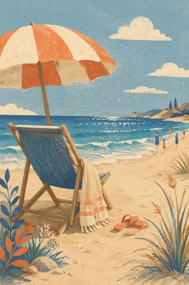 Striped Beach Umbrella Facing Turquoise Ocean