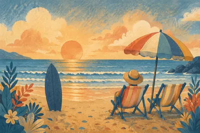 Golden Hour Beach Umbrella Ocean Retreat