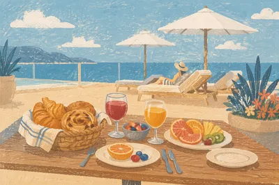 Ocean View Resort Breakfast with Umbrellas