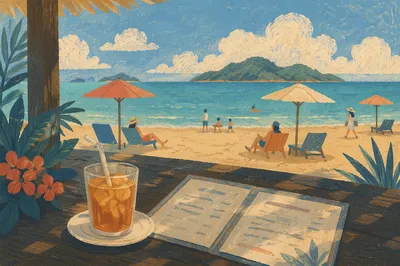 Beachfront Café View with Umbrellas and Iced Tea