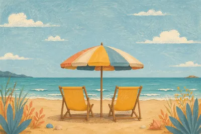 Yellow Beach Chairs with Ocean Umbrella View