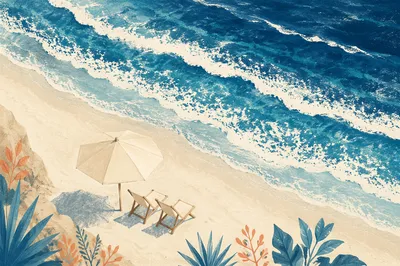 Beach Umbrella Chairs Overlooking Deep Blue Ocean