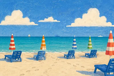 Quiet Beach Chairs with Colorful Umbrellas