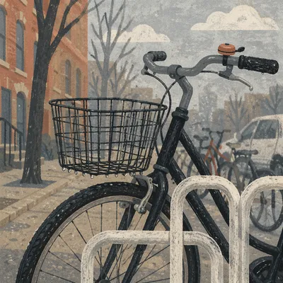 Rainy Urban Bicycle Commute on City Sidewalk