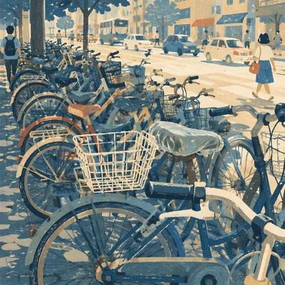 Crowded Commuter Bicycles on Urban Sidewalk