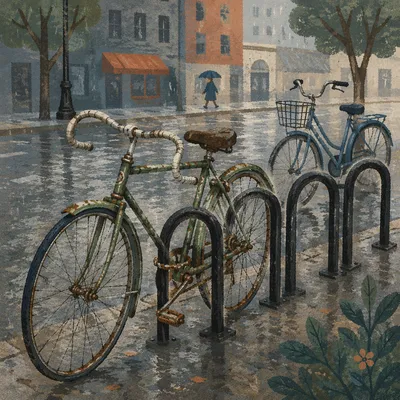 Rainy Urban Bicycle Commute on Wet Street