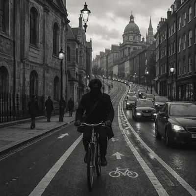 Monochrome Urban Bicycle Commute on City Street