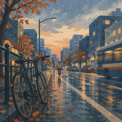 Early Morning Bicycle Commute on City Street