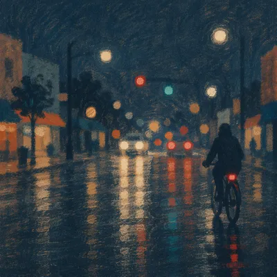 Rainy Night Bicycle Commute on City Street