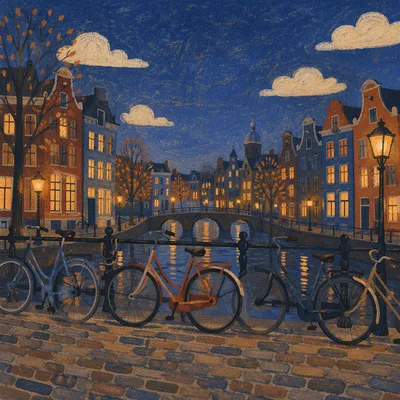 Bicycles Along a Blue Hour Canal Street
