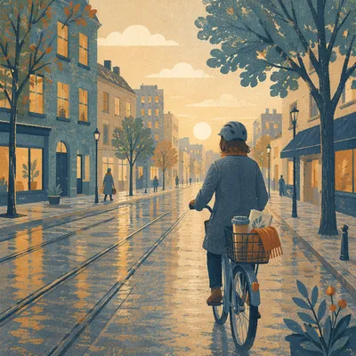 Sunrise Bicycle Commute on Quiet City Street