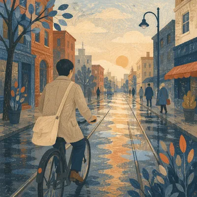 Peaceful Bicycle Commute on Rainy City Street