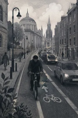 Monochrome Urban Bicycle Commute on City Street