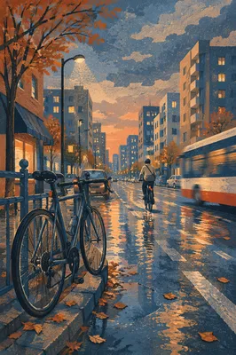 Early Morning Bicycle Commute on Quiet Street