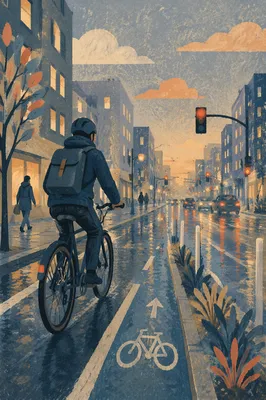 Early Morning Bicycle Commute in Rainy City