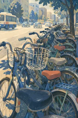 Crowded Commuter Bicycles on City Sidewalk