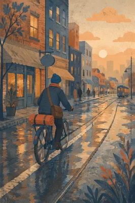 Dawn Cyclist on Wet City Street
