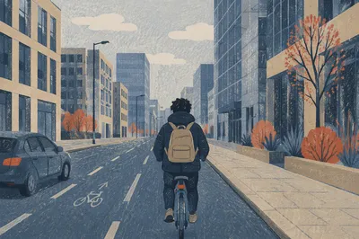 Urban Bicycle Commute on Overcast City Morning