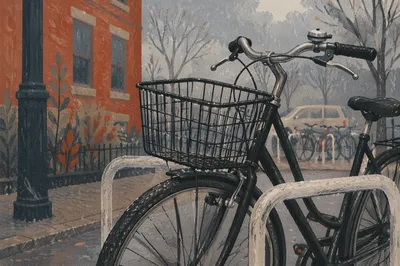 Rainy Urban Bicycle Commute on City Sidewalk