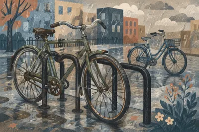 Rainy Urban Bicycle Commute on Wet Street