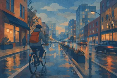 Early Morning Bicycle Commute in City
