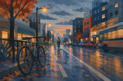 Blue Hour Bicycle Commute on City Street