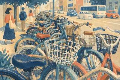 Crowded Commuter Bicycles on Urban Sidewalk