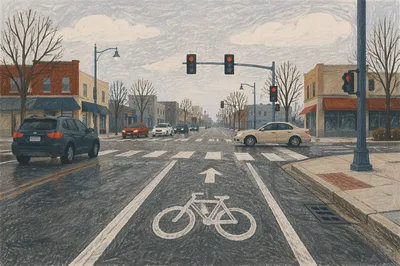 Urban Bicycle Commute at Overcast Intersection