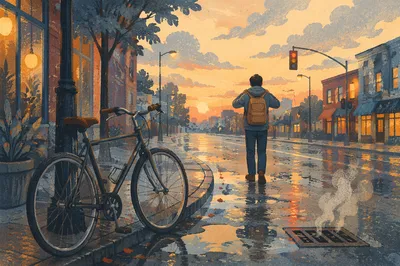 Hopeful Urban Bicycle Commute at Dawn