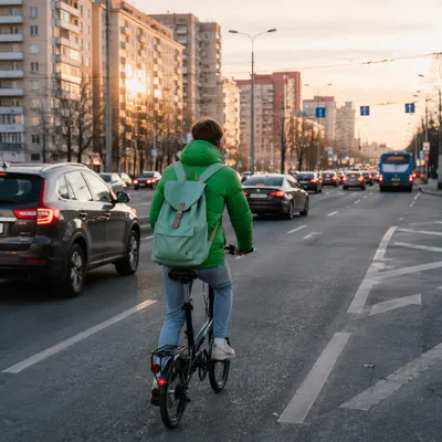 Urban Commuter on Folding Bicycle at Sunset