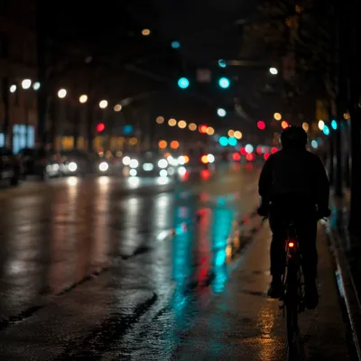Rainy Night Bicycle Commute Through City