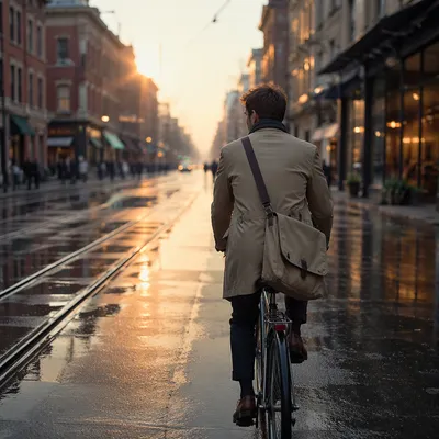 Peaceful Bicycle Commute on Rainy City Street