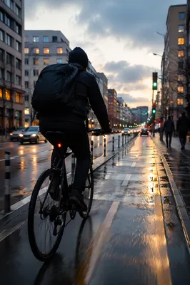 Early Morning Bicycle Commute in Rainy City