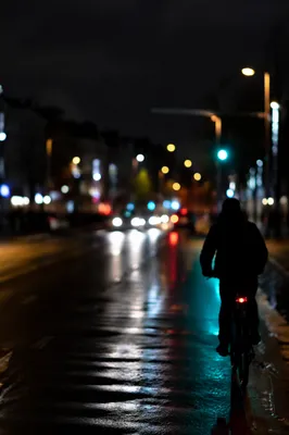 Night Cyclist on Rainy City Street