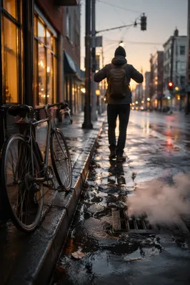 Rainy Dawn Bicycle Commute on City Street