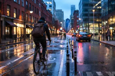 Early Morning Bicycle Commute on City Street