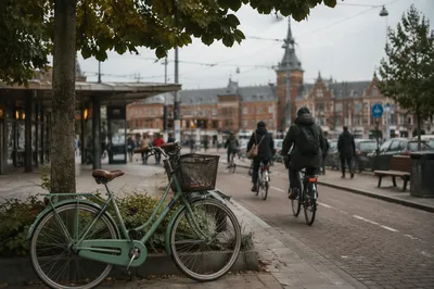 Urban Bicycle Commute on Overcast European Street