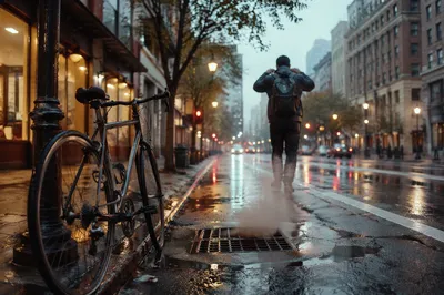 Morning Bicycle Commute on Rainy City Street