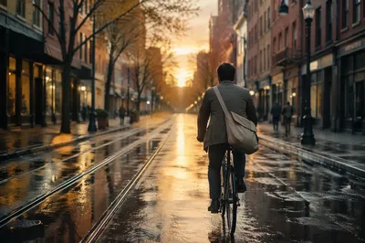 Peaceful Cyclist Commute on Rainy City Street