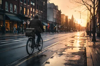 Dawn Bicycle Commute on Wet City Street