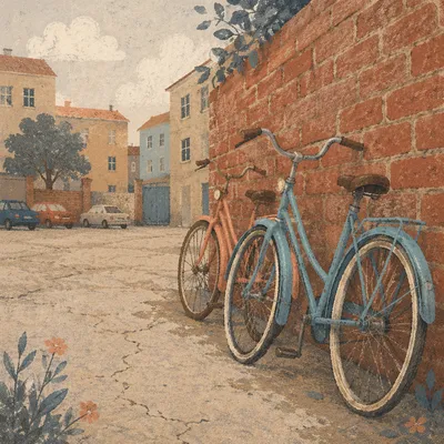 Vintage Bicycles by Brick Wall Courtyard
