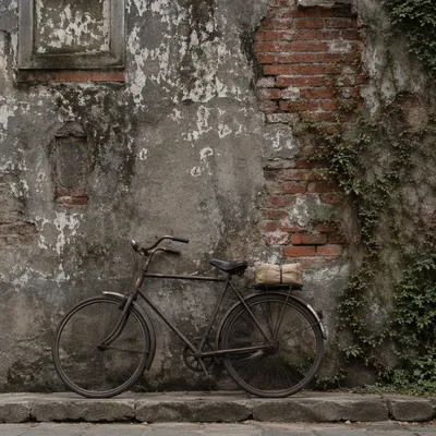 Vintage Bicycle by Weathered Brick Wall