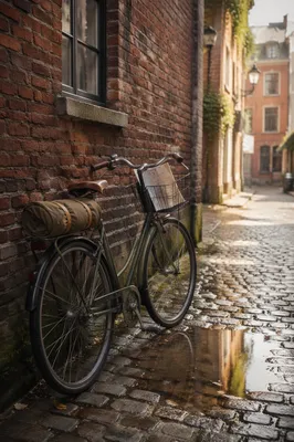 Urban Bicycle by Rainy Brick Wall