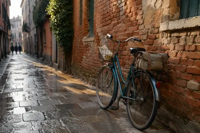 Urban Bicycle by Brick Wall at Dawn
