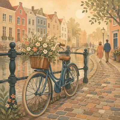 Vintage Bicycle on Canal Bridge at Dawn