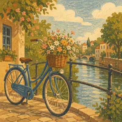 Bicycle with Flowers on Canal Bridge